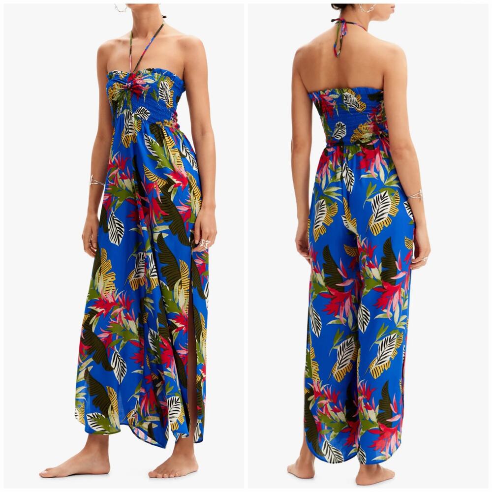 Desigual Tropical Halter Neck Jump Suit Blue Size L Resort Floral